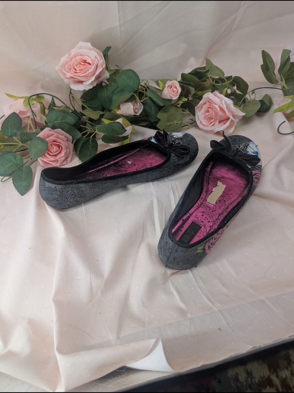 Iron Fist Black Floral Ballet Flats with Pink Insole
